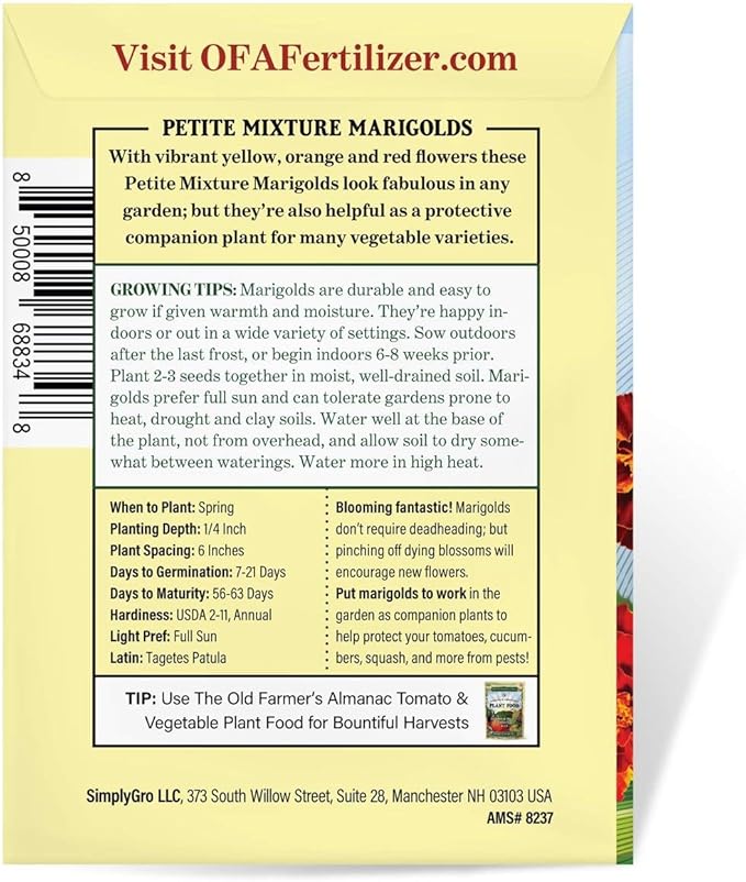 The Old Farmer's Almanac Marigold Seeds (Petite Mixture) - Approx 200 Flower Seeds - Premium Non-GMO, Open Pollinated, USA Origin