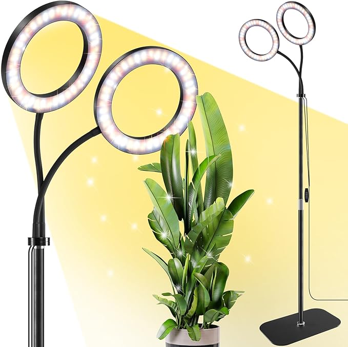 2 Head Grow Light for Indoor Plants,Full Spectrum LED Halo Plant Lights with Stand, Floor Standing Growing Lamp with Adjustable Height,Auto Timer,Dimmable Brightness for Tall Large Plant