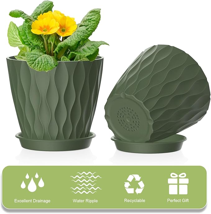 12 Pack 4 Inch Small Plant Pots with Saucers, 3D Textured Plastic Planters with Drainage Holes for Indoor and Outdoor Plants, Flowers, Herbs, Succulents, and Seedlings, Colorful