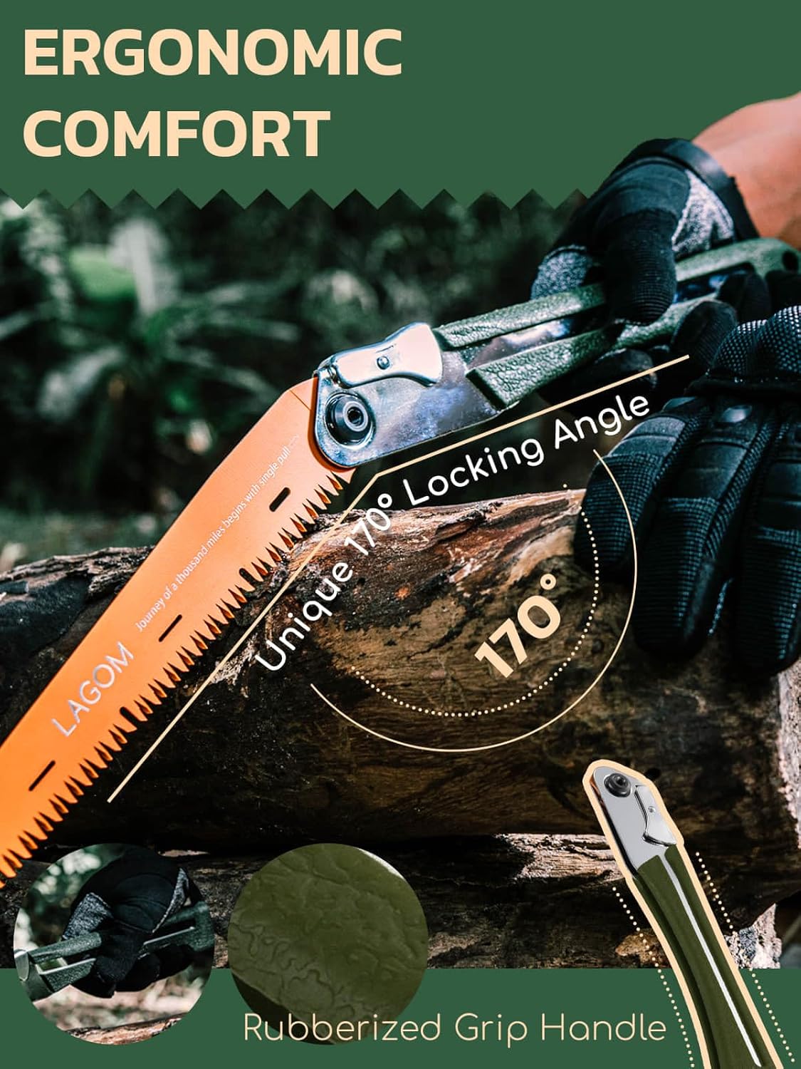 LAGOM Folding Camp Saw for Cutting Branches, 8.2" Straight Blade | SK5 Steel, Ergonomic Handle, One-Hand Use, Secure Lock | Foldable Pruning Tool for Camping, Gardening, Survival, Kayaking, Outdoors