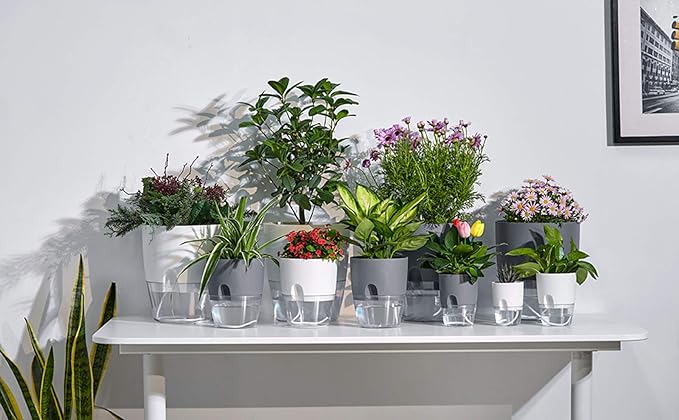 Self Watering Planter for Indoor Plants, 2 Pack 9.3 Inch Flower Pot Modern Decorative Plastic Planter with Extra Large Water Storage for All House Plants, Flowers, Herbs(Gray)