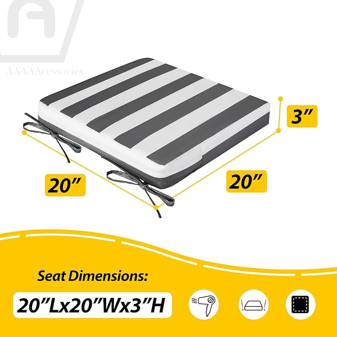 AAAAAcessories Outdoor Seat Cushions for Chairs, Waterproof, Fade-Resistant Patio Furniture Replacement Cushions, 20" x 20" x 3", Set of 2, Gray Cabana Stripe