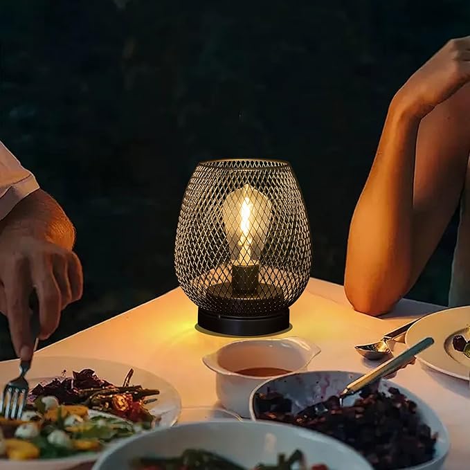 2 Pack Battery Operated Lamp Outdoor Table Lantern,Metal Cage Cordless Lamps with LED Bulb for Weddings Parties Patio Events Indoor Outdoor Patio Bedroom Living Room(Black