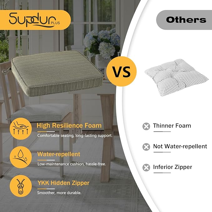 Outdoor Square Corner Seat Cushion, 19"x19"x3", Set of 4, Non Slip Seat Cushion Pads with Removable Cover for Patio Furniture, Garden Yard Lawn, Dark Black Tan Stripe