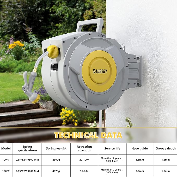 BLUBERY 130+6.7ft x 1/2" Retractable Garden Hose Reel, 40.8LB Super Heavy Duty, Any Length Lock, Slow Return System, Wide Handle, Wall Mounted and 180° Swivel Bracket, GHR02A