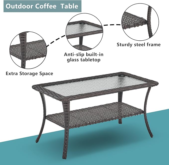 Outdoor Wicker Patio Furniture Set - 6 Piece Rattan Patio Conversation Set with 2 Rocking Swivel Chairs,2 Ottomans,1 Loveseat and 1 Coffee Table for Porch Deck Backyard Garden(Brown/Blue)
