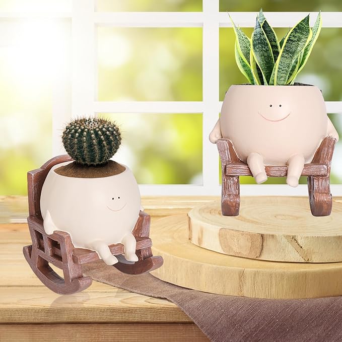 Rocking Chair Face Resin Planter Pot with Drainage Cute Flower Pots for Succulents Plants Live Indoor Outdoor Planters for Houseplants Gift Small (Large)