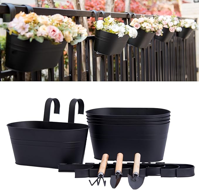 5 Pack Metal Hanging Flower Pots for Railing Fence,Outdoor Balcony Rail Planter with Garden Tools Detachable Hooks Drainage Holes for Deck Garden Home Decor Black