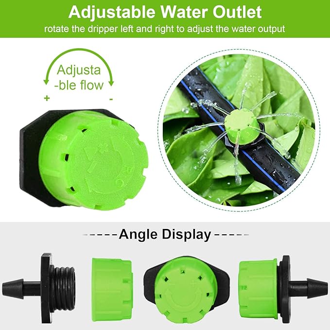 Kalolary 200Pcs Adjustable Irrigation Drippers, 1/4 Inch Barbed Drip Emitter 360 Degree Watering Sprinklers Anti-Clogging Drippers for 4mm/7mm Garden Watering System(Green)