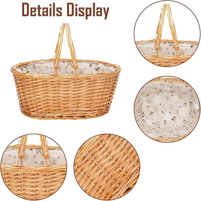 Wicker Picnic Basket with Double Folding Handles, Natural Large Willow Hamper Empty Basket Cheap Easter Eggs Candy Storage Wine Basket for Toy, Flower, Wedding(White 16inch)