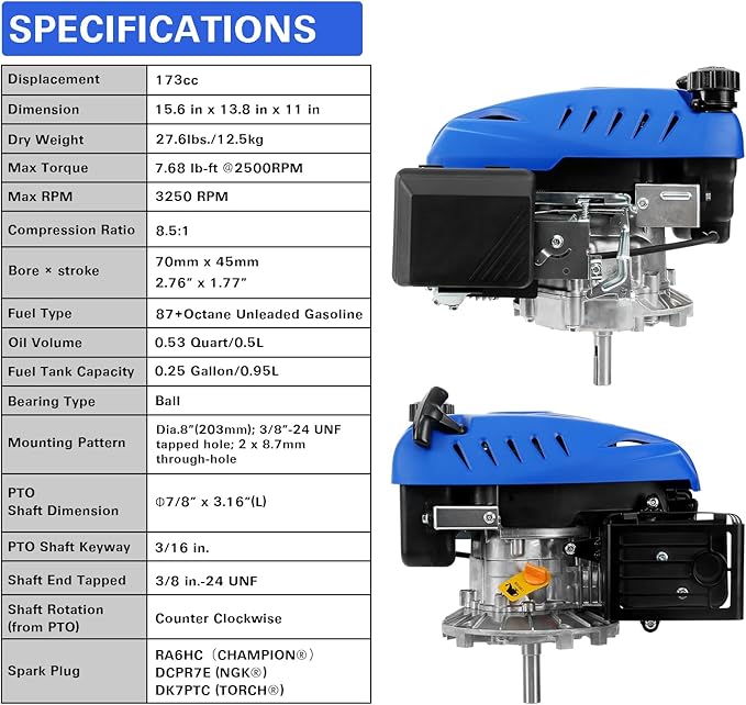 BILT HARD Gas Engine Vertical Shaft, 173cc 4.4 HP 4-Stroke Gas Motor, Replacement Engine for Lawn Mower, EPA & CARB Compliant
