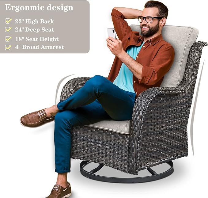 5 Pieces Patio Wicker Furniture Set - 4 Outdoor Swivel Rocker Glider Chairs with Propane Fire Pit Table, Warm Patio Conversation Set Beige Cushion Perfect for Casual Gathering