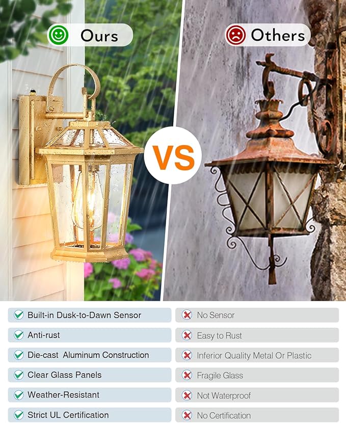 VIANIS Dusk to Dawn Outdoor Wall Lanterns, Modern Golden Exterior Lighting Fixtures Wall Mount Sconces, 100% Aluminum Waterproof Gold Porch Lights, Outside Coach Lantern for House Patio Garage, 2-Pack