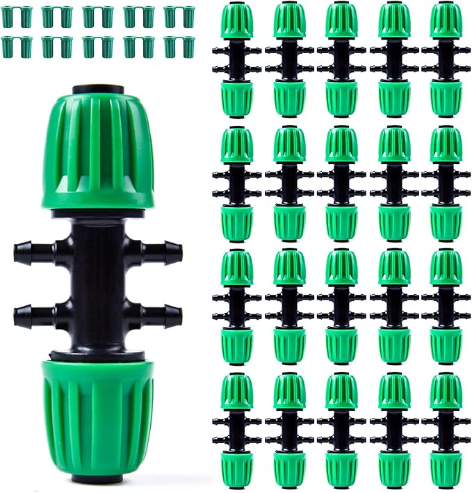 Kalolary 20PCS Barbed Tee 1/2" to 1/4" Drip Irrigation Fittings, Anti-Drop Barbed Hose Parts Connectors for 12mm/16mm to 4mm/7mm Drip Systems 6 Way Adapter(Green)