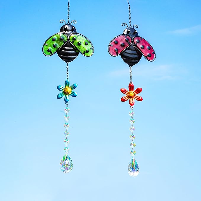 19'' Crystal Garden Suncatcher Decor Set 2 Stained Glass Metal Ladybugs Window Hanging Crystal Prisms Suncatcher for Outdoors Rainbow Maker (Red & Green)