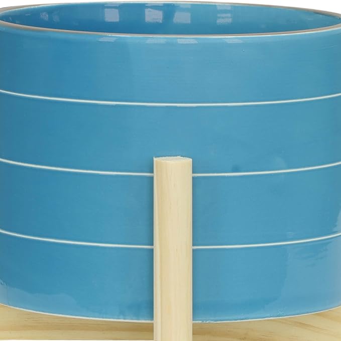 8" Ceramic Planter on Wooden Bamboo Stand - Contemporary Blue While Striped Design For Indoor or Outdoor Plants, Succulents, Cactus