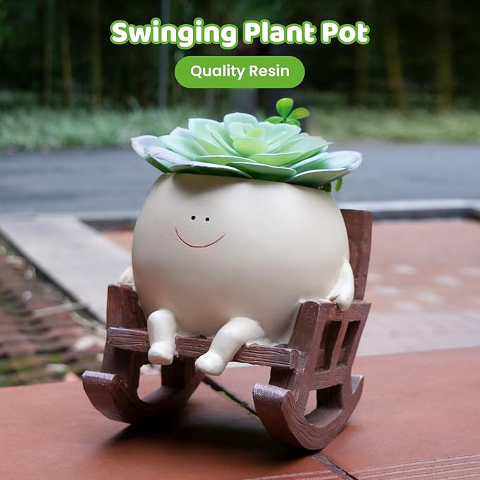 Large Smiley Face Planter Pot, Cute Resin Flower Head Planters for Indoor Outdoor, Unique Rocking Chair Plant Pot for Succulents Plants Live with Drainage Hole, Gift IdeaI for Mother Christmas