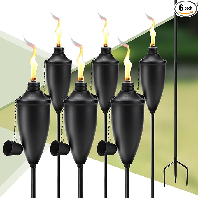 6 Pack Garden Torches for Outside, 22 oz Metal Citronella Torch with 3-Prong Grounded Stake, Perfect for Patio, Lawn, and Backyard Décor