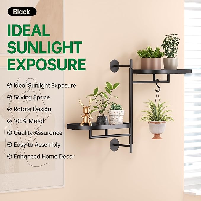 Rotating Window Plant Shelves for Multiple Plants Indoors,2-tier Metal Corner Black Plant Stand Holder Floating Plant Shelf for Wall,Windows Sill Gifts for Plant Lovers to Enhance Home Decor
