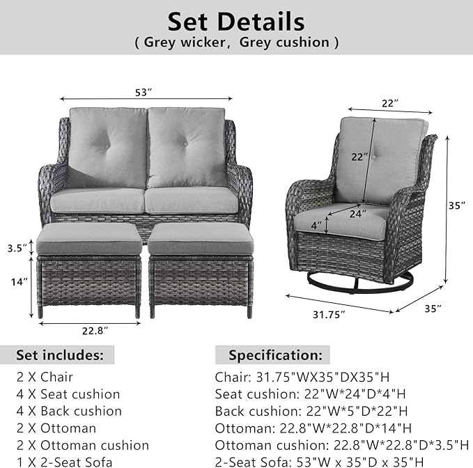 5 Piece Outdoor Patio Furniture Set - Wicker Furniture Patio Conversation Set, Outdoor Swivel Rocker Chairs with Loveseat Sofa and 2 Ottomans for Small Space, Gray Cushion