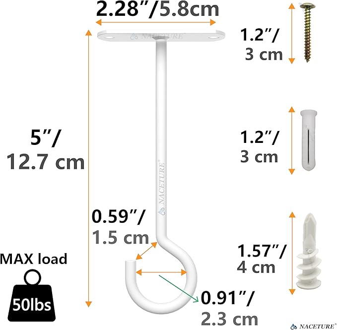 NACETURE Ceiling Hooks for Hanging Plants 4 Pack - Square Wall Mount Plant Hanger Indoor Hanging Hooks Metal Plant Bracket Iron Lanterns Hangers for Wind Chimes, Planters (5" White 4 Pack)