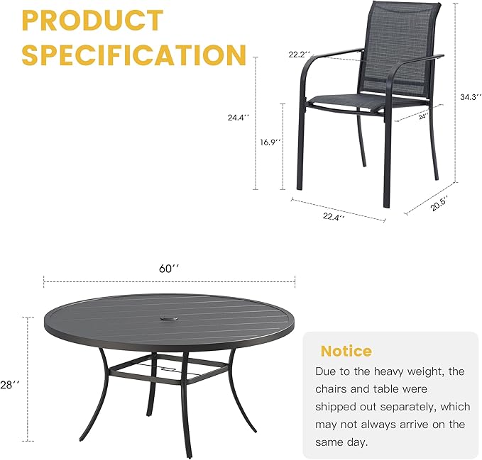 VICLLAX 11 Pieces Patio Dining Set for 10, Outdoor Furniture Set Includes 60" Round Outdoor Table and 10 Lawn Stackable Chairs, Black Tabletop and Grey Fabric