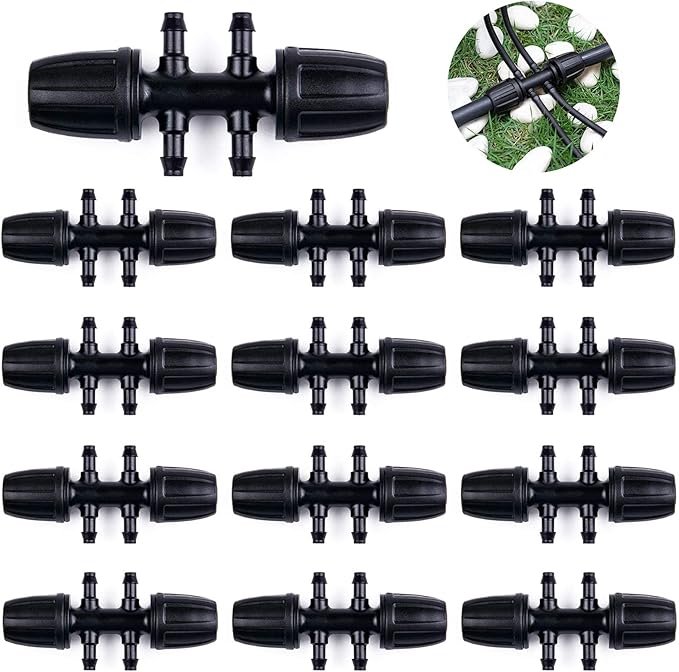 Kalolary Barbed Tee for 5/16β to 1/4β Irrigation Tube, 20PCS Anti-Drop Drip Irrigation Hose Fittings for 8/12mm 4/7mm PE Pipe Lock Female Connectors for Micro Spray Parts 6-Way Adapter Watering System