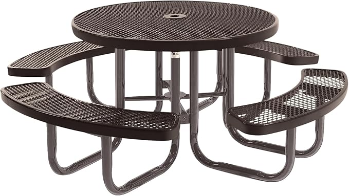 Heavy-Duty Portable Outdoor Picnic Table with Umbrella Hole, Expanded Metal Commercial-Grade Patio Dining Furniture Made in America (46" Round Top, Brown with Brown Frames)