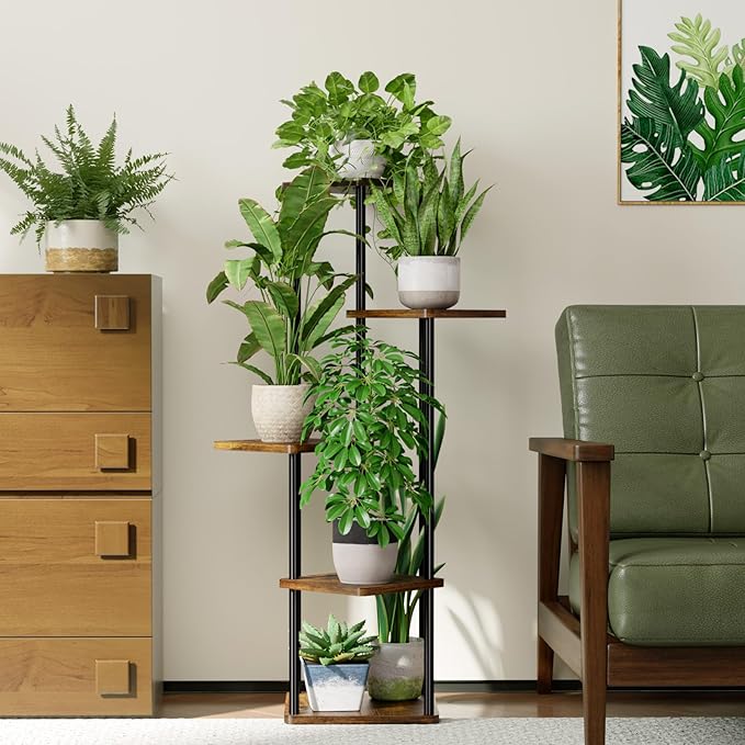 Bamworld Corner Plant Stand Indoor, 5 Tier Metal Plant Shelf for Multiple Plants, Tall Flower Stand for Patio Garden Balcony Living Room Bedroom(Brown)