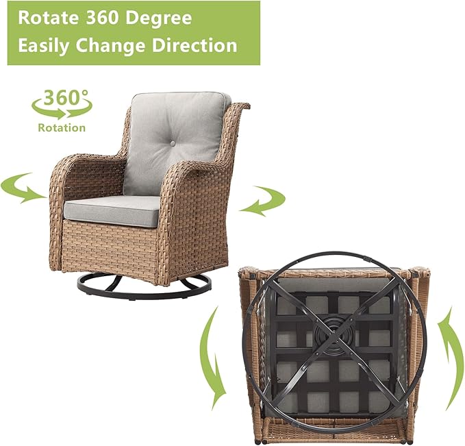 Outdoor Wicker Patio Furniture Set - 5 Piece Rattan Patio Conversation Set with 2 Rocking Swivel Chairs,2 Ottomans and 1 Loveseat for Porch Deck Backyard Garden(Yellow/Beige)