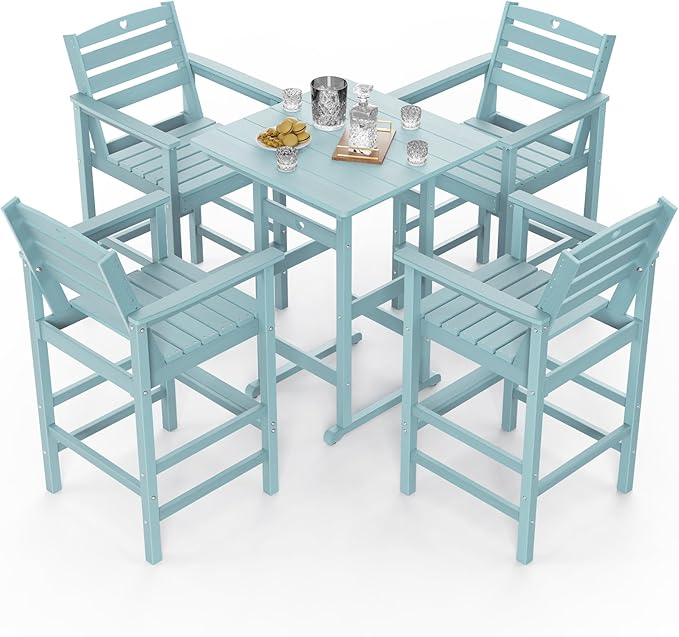 5-Piece Bar Height Outdoor Table and Chairs Set, HDPE Wood Grain Patio Bar Table and Chairs with Heart Cutout Design, Weather-Resistant Bar Height Furniture for Deck, Porch, Pool (Light Blue)