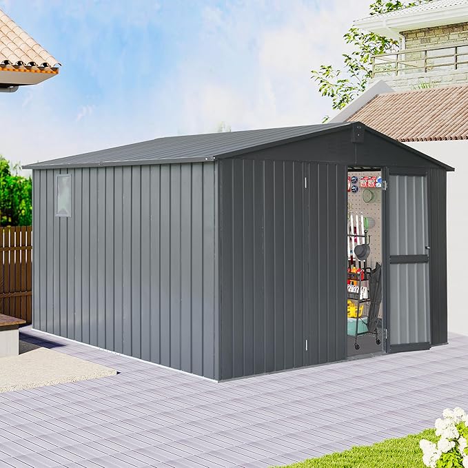 Domi Outdoor Storage Shed 11’ x 9’, Metal Sheds with Galvanized Steel Frame & Windows & Lockable Door, Garden Shed Tool Storage Room for Patio, Grey