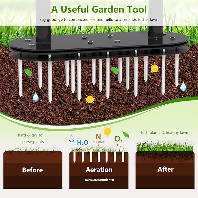 Lawn Aerator Spike Metal Automatic Dethatching Soil Aerating Lawn with 15 Iron Spikes, Pre-Assembled Grass Aerator Tools for Yard, Lawn Aeration, Garden Tool, Revives Lawn Health, Black