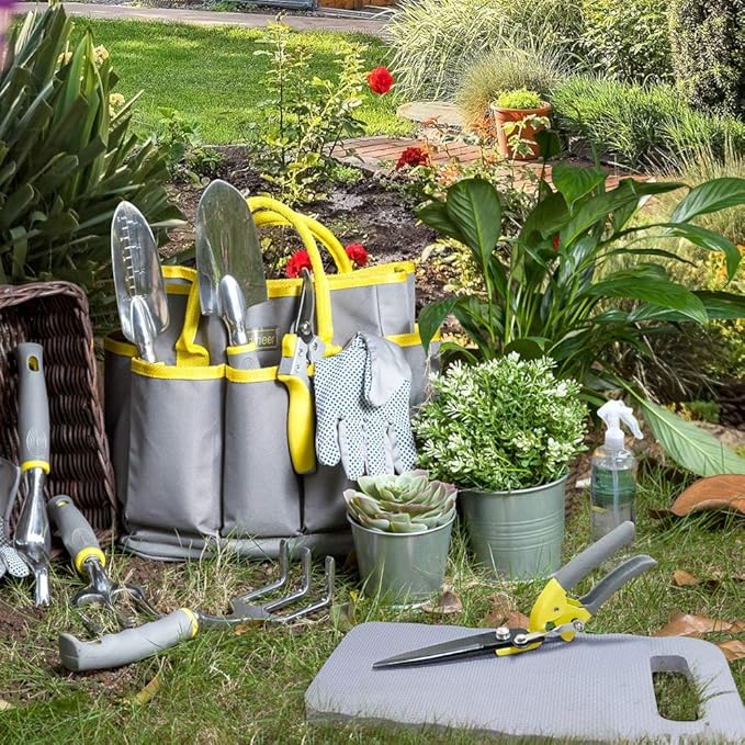 Jardineer 11PCS Gardening Tools Set, Garden Tool Kit with Outdoor Hand Tools, Unique Grass Shears, Garden Gloves, Storage Tote Bag and More, Garden Tools Set Gifts for Women and Men