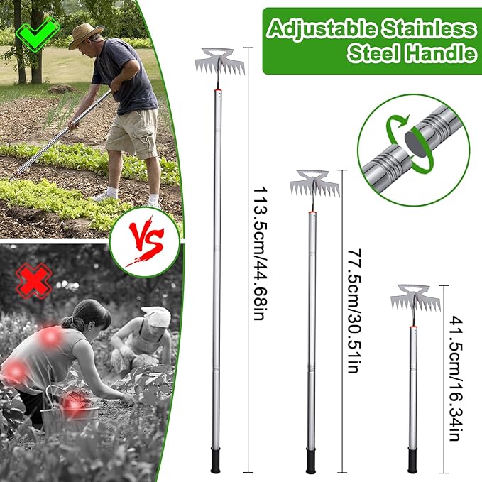 New Adjustable Uprooting Weeding Tool with Long Handle,11-Teeth Weed Puller Rake 2-in-1 Hand Weeder Garden Tools for Garden&Backyard,Manganese Steel Weeder Pulling Tool for Weeding Loosening Planting