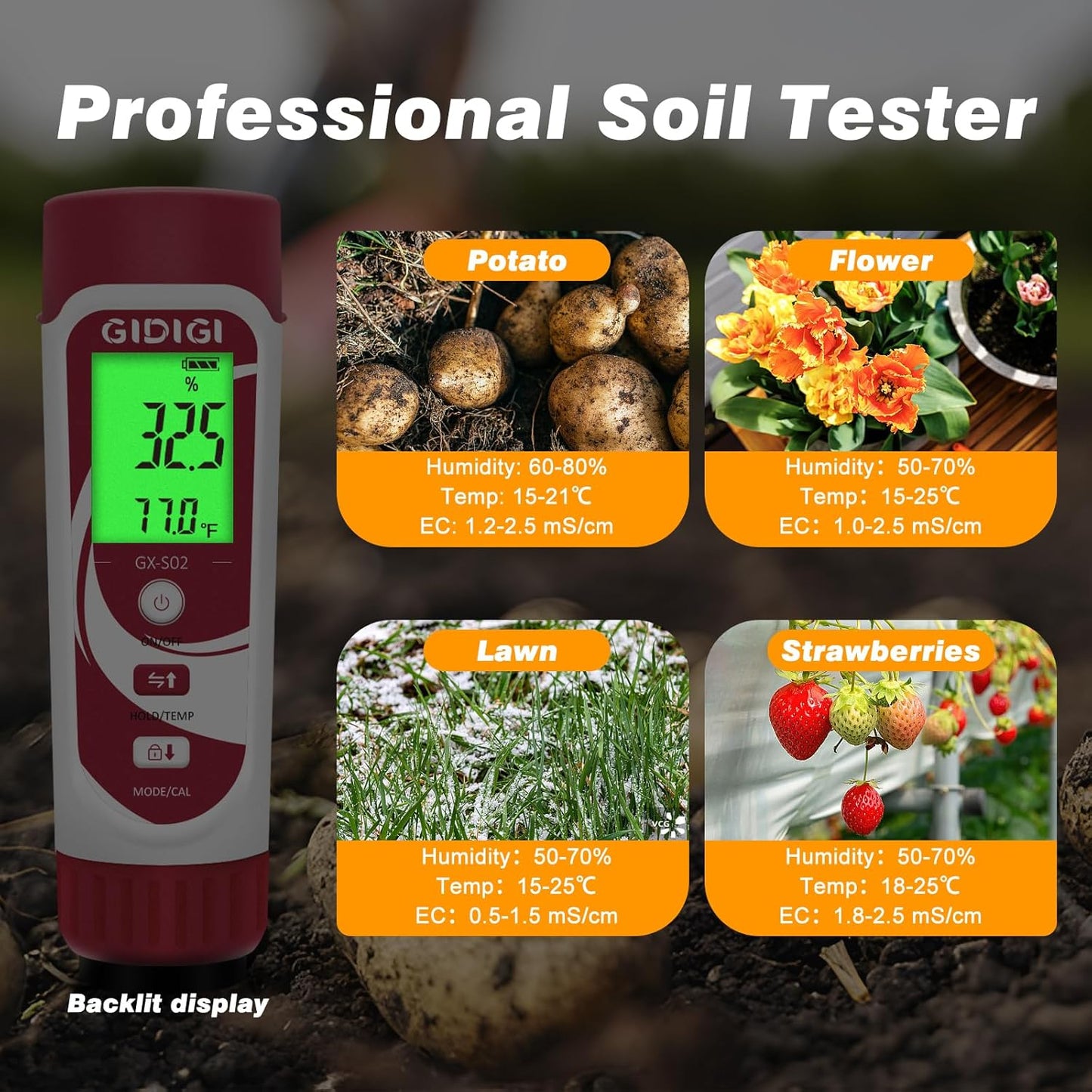Moisture Meter for Plants, 3 in 1 Digital Soil Moisture Meter,Soil Moisture Meter and Soil EC Meter for Farms, Gardens, Orchards, Home Planting, Indoor Plants, Composting and Other Scenarios