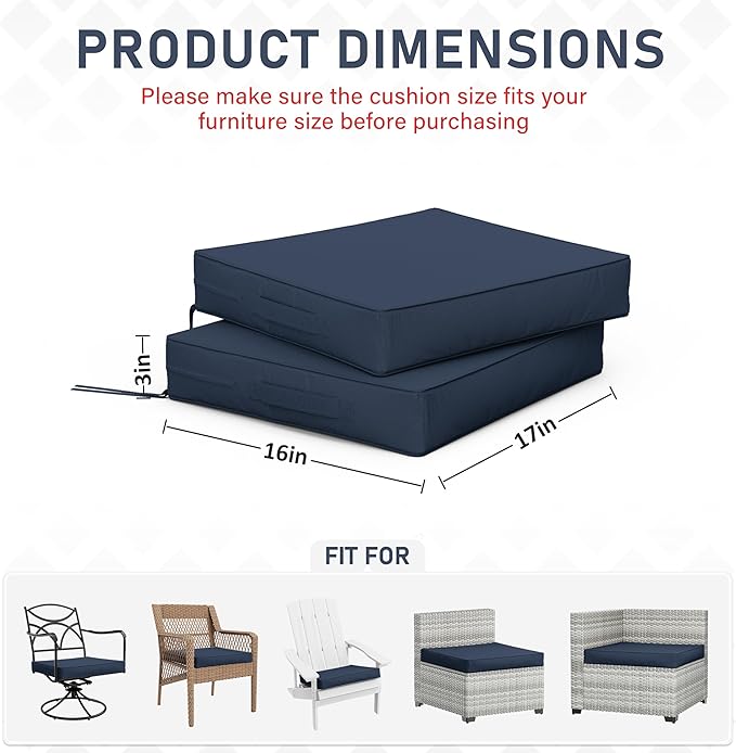 Patio Chair Cushions 17 X 16 X 3 Inch Waterproof Outdoor Seat Cushions for Patio Furniture, Outdoor Sofa Couch Pads with Ties & Handle, Set of 2, Navy Blue