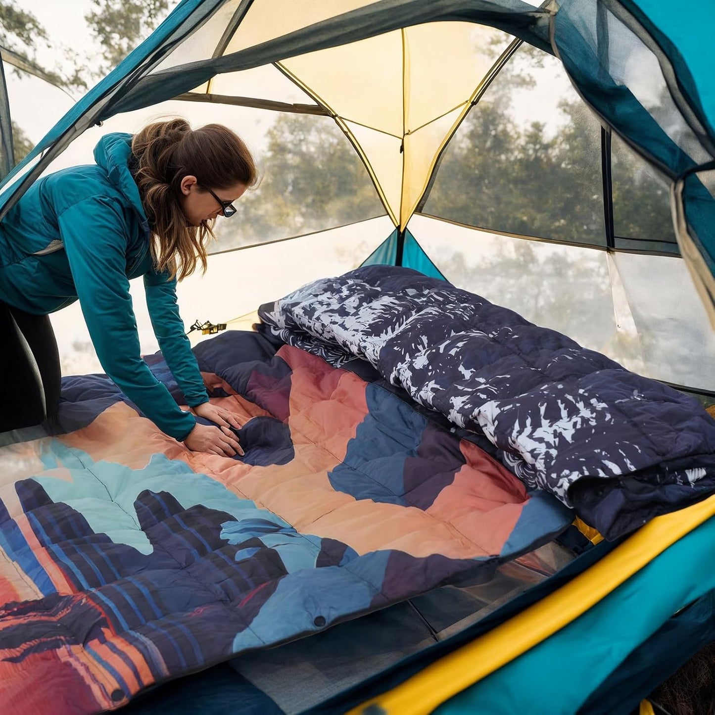 Down Camping Blanket, Ultralight Compact Packable Throw with Snaps for Outdoor Indoor, Travel Stadium Concert Picnic Beach, Puffy 650 Fill Down Water-Resistant Quilt (Mountain Sunset)