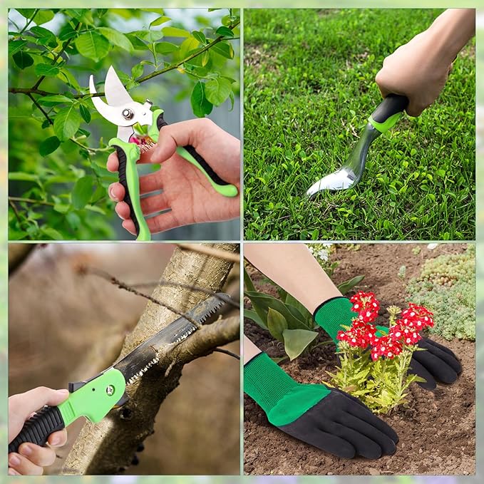 sungwoo Garden Tool Set 10 Piece, Heavy Duty and Lightweight Aluminium Alloy Tools with Ergonomic Handle, Sturdy Storage Tote Bag, Gardening Hand Tools, Gardening Gift for Women and Men Green