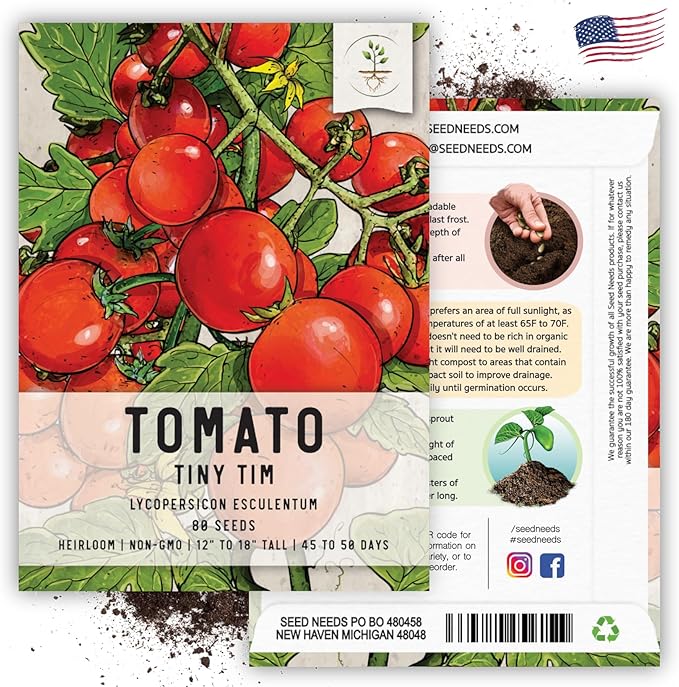 Seed Needs Tiny Tim Tomato Seeds for Planting - Non-GMO, Heirloom & Untreated - Organically Grow an Outdoor Vegetable Garden - Dwarf Plants Produce Cherry Tomatoes (2 Packs)