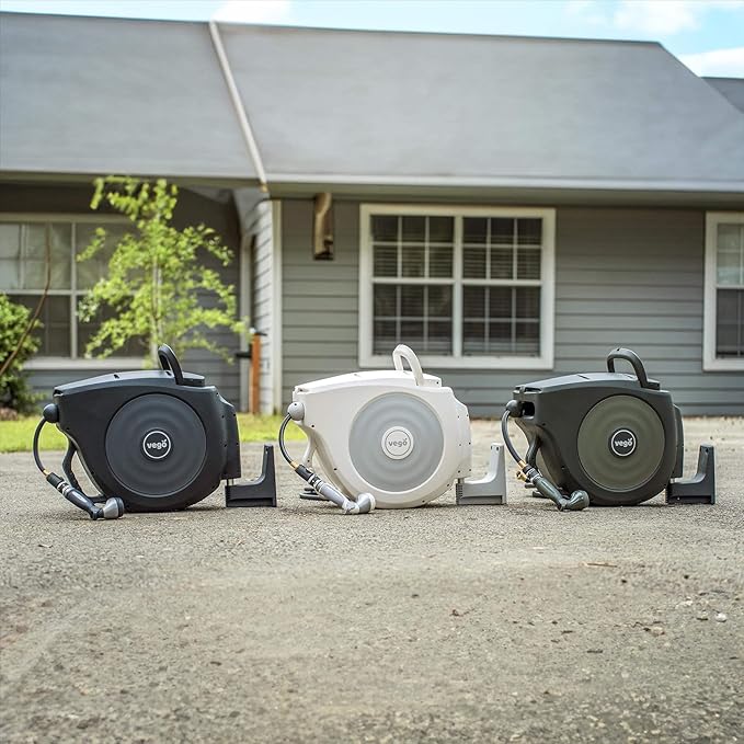 Vego Garden Hose Reel Retractable Hi-Flow x 100ft Wall Mounted Hose Reel Automatic Rewind, Any Length Lock with 9 Patterns Sprayer Nozzle, Quick Connector and Adjustable shot Nozzle-Cloud White