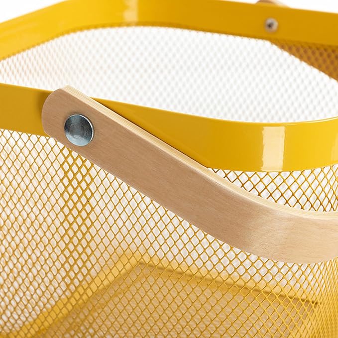 Metal Mesh Steel Basket, Storage Organizer Basket Multi-functional Hanging Kitchen Baskets Fruit Baskets with Wooden Handle for Kitchen Bathroom Picnic Shopping Decor Cabinet Home, Yellow