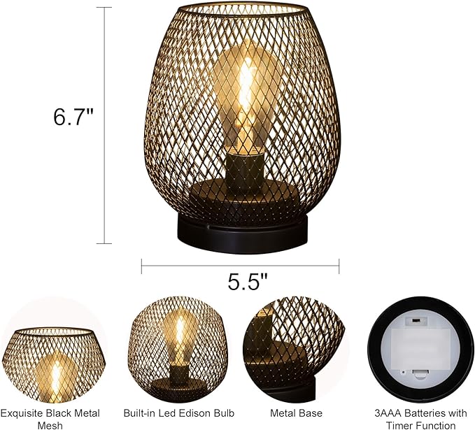 2 Pack Battery Operated Lamp Outdoor Table Lantern,Metal Cage Cordless Lamps with LED Bulb for Weddings Parties Patio Events Indoor Outdoor Patio Bedroom Living Room(Black