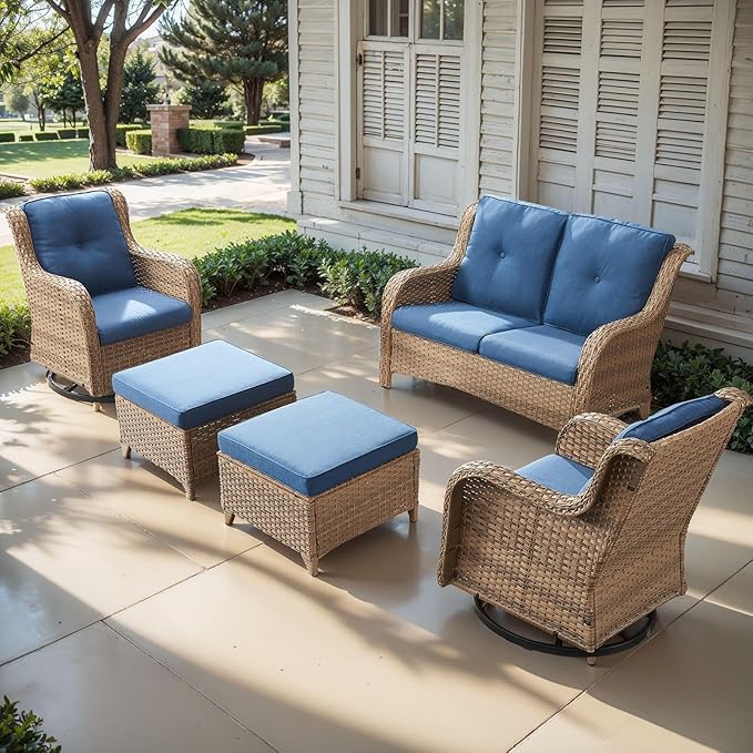 Outdoor Wicker Patio Furniture Set - 5 Piece Rattan Patio Conversation Set with 2 Rocking Swivel Chairs,2 Ottomans and 1 Loveseat for Porch Deck Backyard Garden(Yellow/Blue)