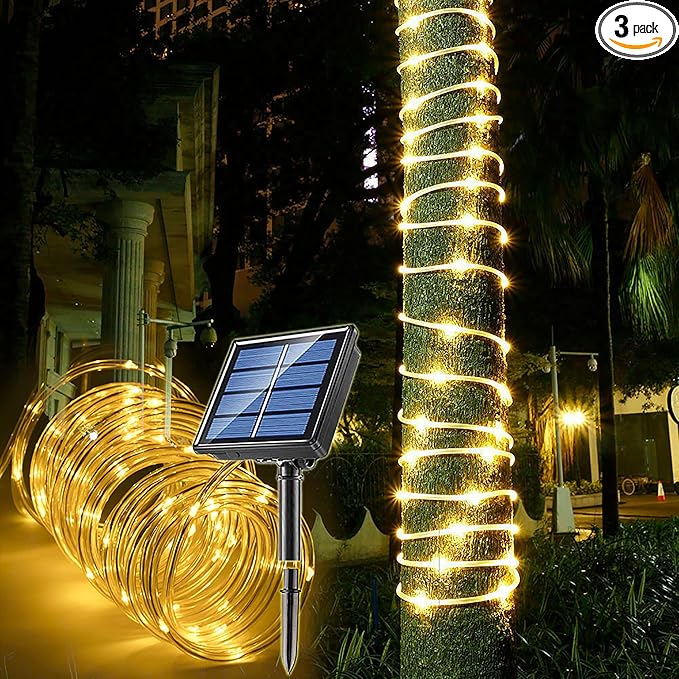 Solar Rope Light 3 Pack 39 FT 100 LEDs IP65 Waterproof Outdoor LED Solar Outdoor Lights for Party Garden Yard Home Wedding Christmas Halloween Holiday Tree Decoration Lighting(3 Pack)