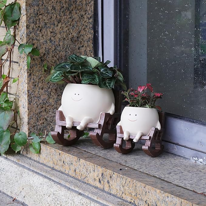 Rocking Chair Face Resin Planter Pot with Drainage Cute Flower Pots for Succulents Plants Live Indoor Outdoor Planters for Houseplants Gift Small (Small)