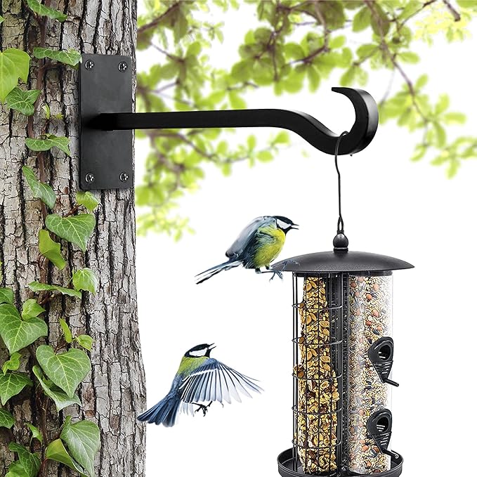 Qiang Ni Bird Feeder Hanger: 8-Inch Wall-Mounted Plant Bracket Outdoor - 2 Pieces Black Plant Hooks for Hanging Flower Baskets