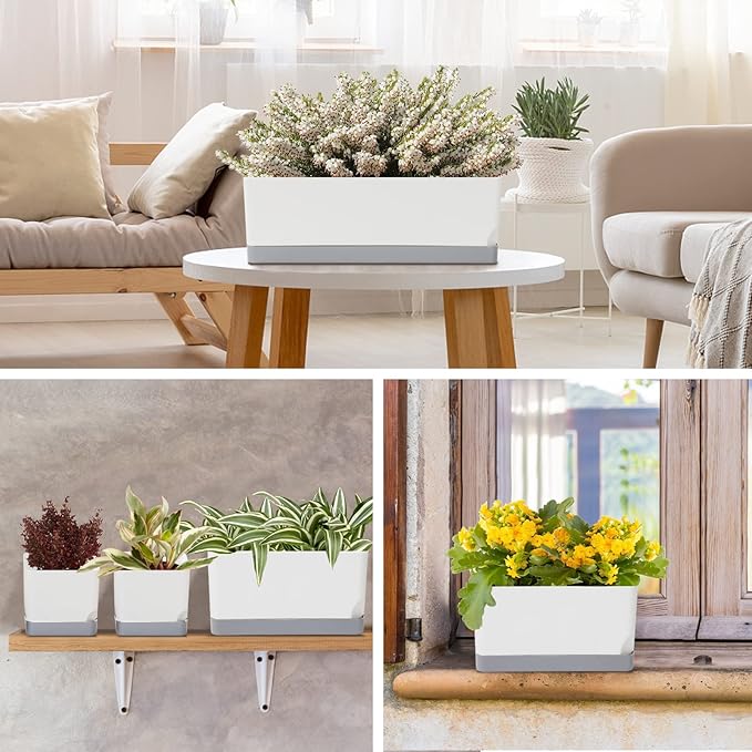 Self Watering Planters Pots for Indoor Plants, 7 Pack Plastic Planter Box Flower Pots for Indoor Outdoor Plants, Rectangle Herb Planter Window Boxes Planterswith Drainage, Light Gray Tray