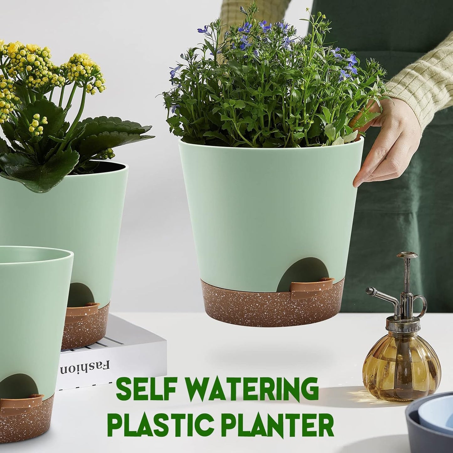 Indoor Self Watering Planters with Drainage Holes and Saucers, 9,8, 7.5 Inches, Green, 3 Pots (Springgreen)