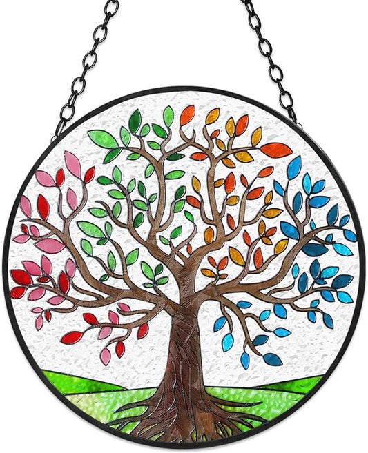Tuitessine Tree of Life Stained Glass Suncatcher Four Season Theme Colorful Leaves Window Wall Hanging Ornament Hand-Painted Glass Panel Decor Gift for Women Christmas Thanksgiving Gift 6.3 * 6.3”
